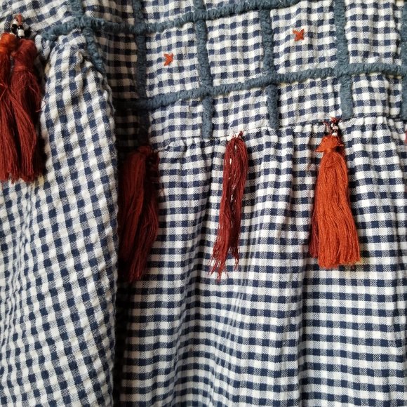 Zara Woman Gingham Check Embroidered Tassel Top Boho Blue White Womens Size S - Picture 10 of 12